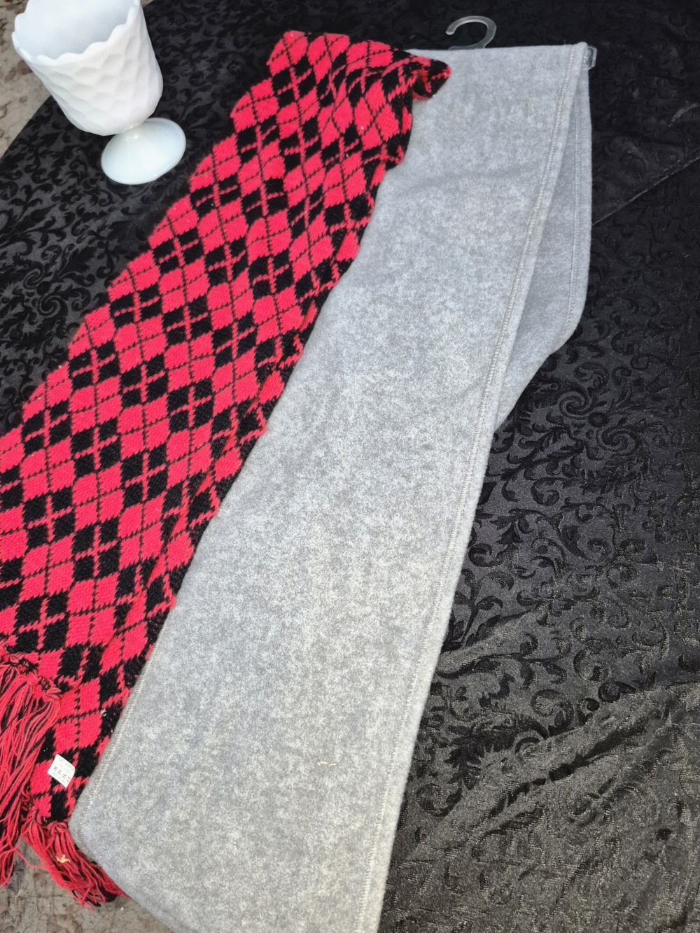 Gray Fleece Scarf  + Red And Black  Argyle Scarf